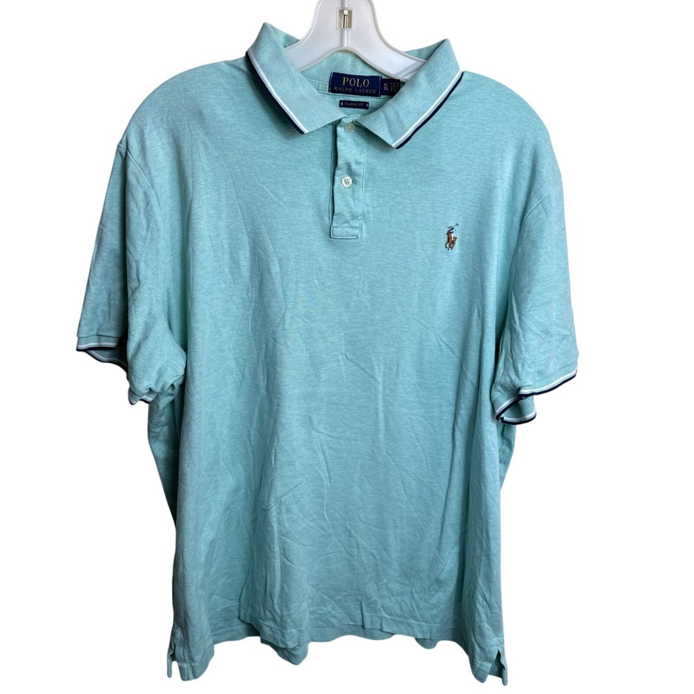 Polo Ralph Lauren Classic Fit Mint Green Heather Polo Shirt‎ Mens XL Tipped